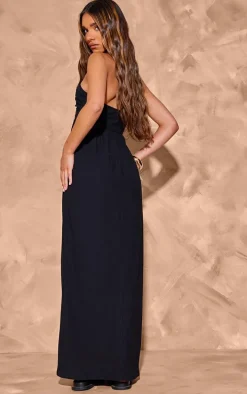 Black Textured Cross Halterneck Maxi Dress