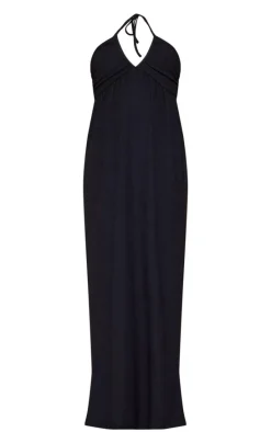 Black Textured Cross Halterneck Maxi Dress