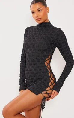 Black Textured Denim Lace Up Long Sleeve Mini Dress