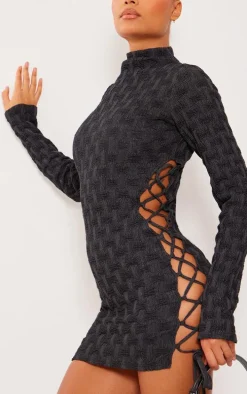 Black Textured Denim Lace Up Long Sleeve Mini Dress