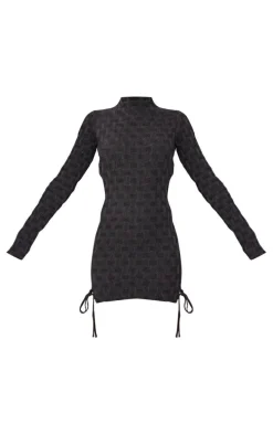 Black Textured Denim Lace Up Long Sleeve Mini Dress