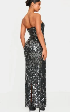 Black Textured Disk Sequin Maxi Dress