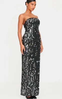 Black Textured Disk Sequin Maxi Dress