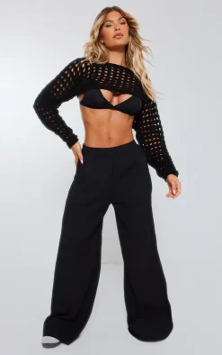 Black Textured Elastic Waist Wide Leg Pants