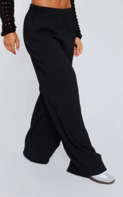 Black Textured Elastic Waist Wide Leg Pants