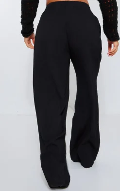 Black Textured Elastic Waist Wide Leg Pants