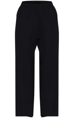 Black Textured Elastic Waist Wide Leg Pants