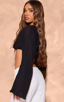 Black Textured Extreme Flare Sleeve Crop Top