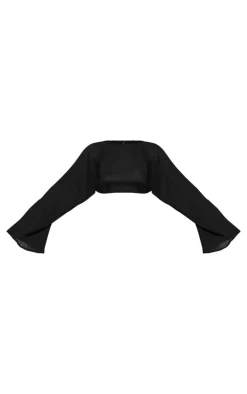 Black Textured Extreme Flare Sleeve Crop Top