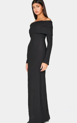 Black Textured Extreme Fold Over Long Sleeve Maxi Dress