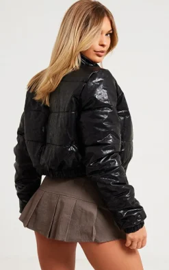 Black Textured Faux Leather Puffer Jacket