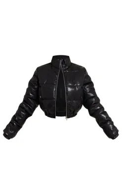 Black Textured Faux Leather Puffer Jacket