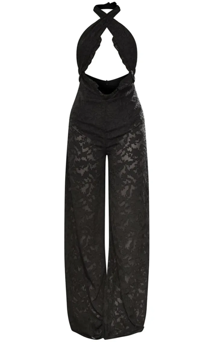 Black Textured Floral Cross Front Jumpsuit