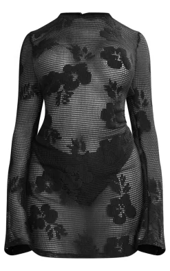 Black Textured Floral Cut Out Back Shift Dress