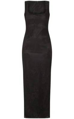 Black Textured Floral Square Neck Maxi Dress