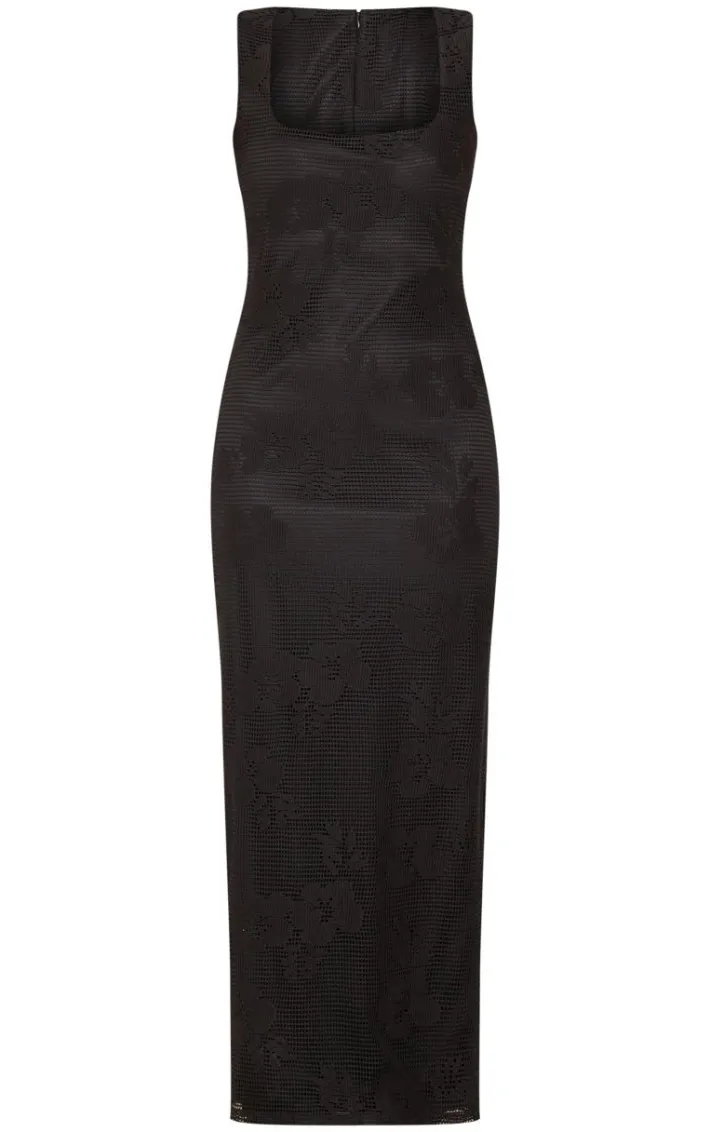 Black Textured Floral Square Neck Maxi Dress