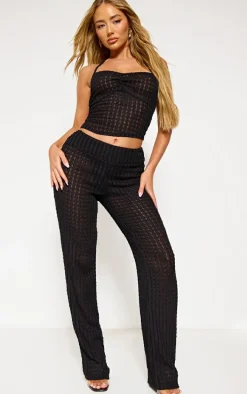 Black Textured Fold Over Flared Pants