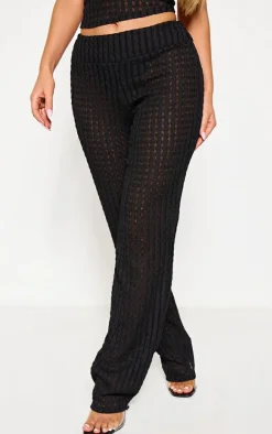 Black Textured Fold Over Flared Pants