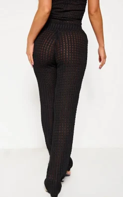 Black Textured Fold Over Flared Pants