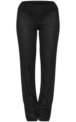 Black Textured Fold Over Flared Pants