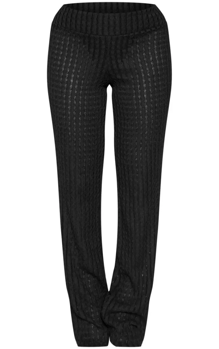 Black Textured Fold Over Flared Pants