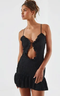 Black Textured Frill Hem Cut Out Mini Dress