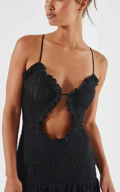 Black Textured Frill Hem Cut Out Mini Dress