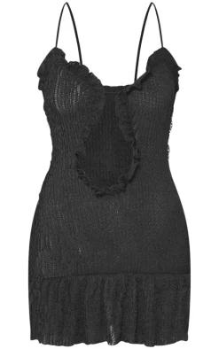 Black Textured Frill Hem Cut Out Mini Dress