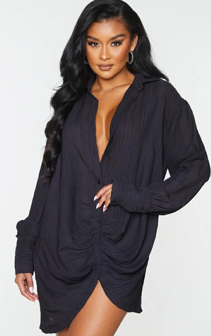 Black Textured Gathered Detail Long Sleeve Shirt Dress