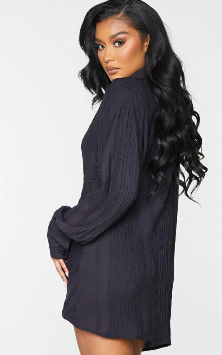 Black Textured Gathered Detail Long Sleeve Shirt Dress