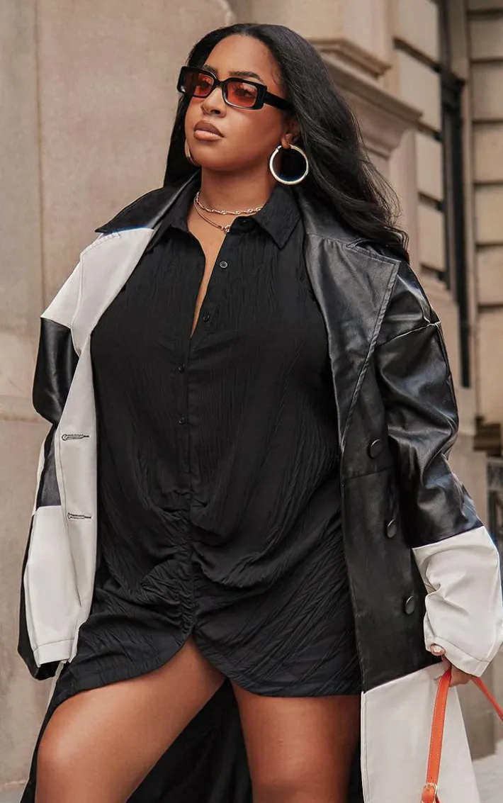 Black Textured Gathered Detail Long Sleeve Shirt Dress