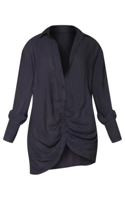 Black Textured Gathered Detail Long Sleeve Shirt Dress