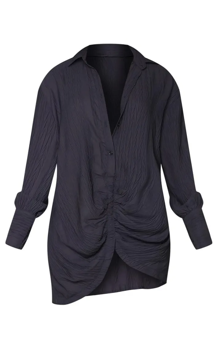 Black Textured Gathered Detail Long Sleeve Shirt Dress