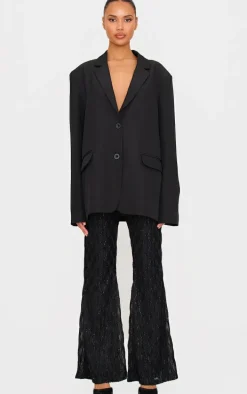 Black Textured Glitter Mesh Flared Pants