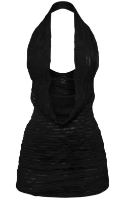Black Textured Halter Neck Cowl Neck Mini Dress