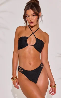 Black Textured Halter Neck Bikini Top