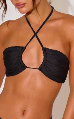 Black Textured Halter Neck Bikini Top