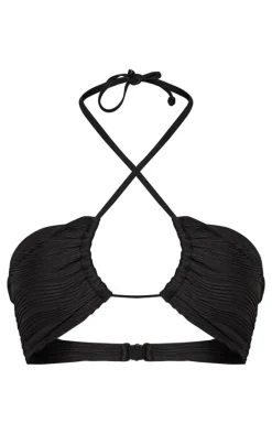Black Textured Halter Neck Bikini Top