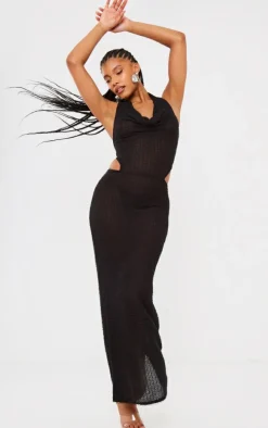 Black Textured Halterneck Tie Back Maxi Dress