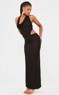 Black Textured Halterneck Tie Back Maxi Dress