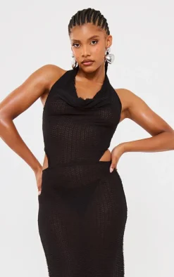 Black Textured Halterneck Tie Back Maxi Dress