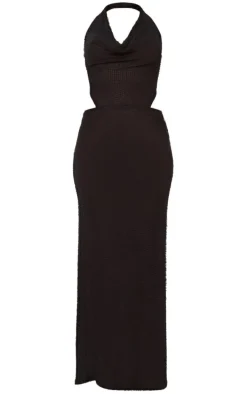 Black Textured Halterneck Tie Back Maxi Dress
