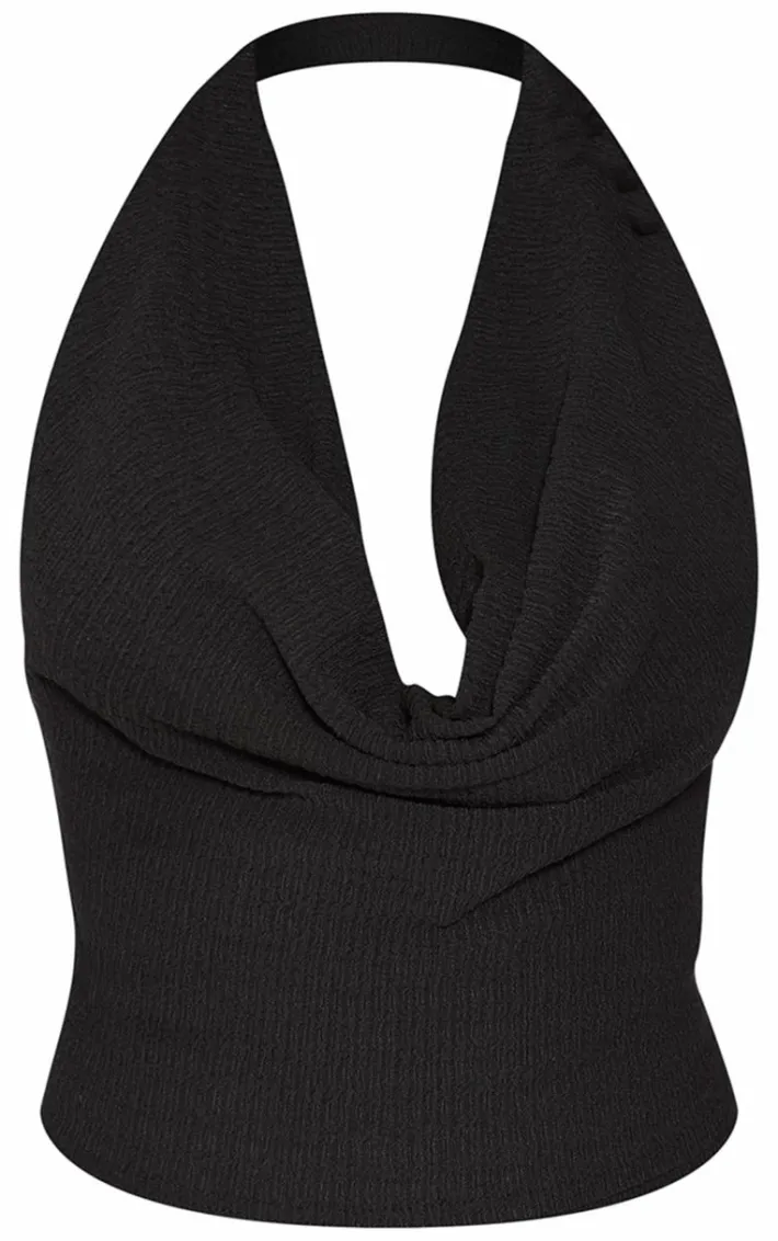 Black Textured Halterneck Top