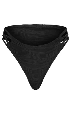 Black Textured High Leg Bikini Bottoms