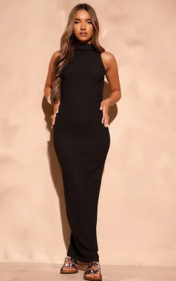 Black Textured High Neck Midaxi Dress