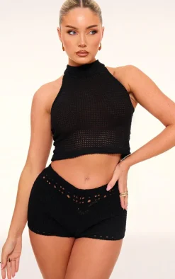 Black Textured High Neck Sleeveless Top