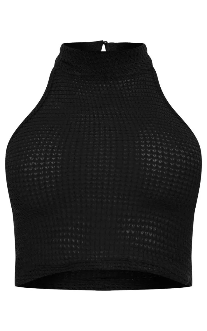 Black Textured High Neck Sleeveless Top