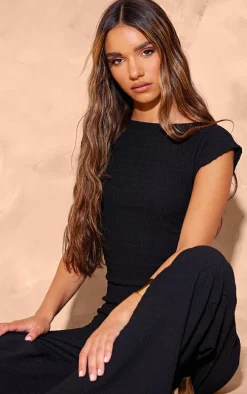 Black Textured Jersey Boat Neck Jumpsuit