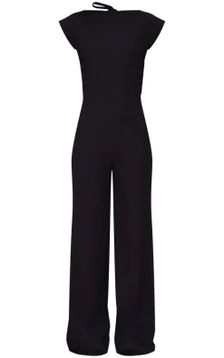 Black Textured Jersey Boat Neck Jumpsuit