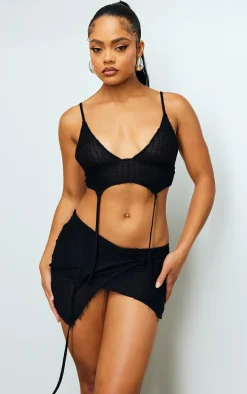 Black Textured Jersey Fold Over Tie Detail Micro Mini Skirt